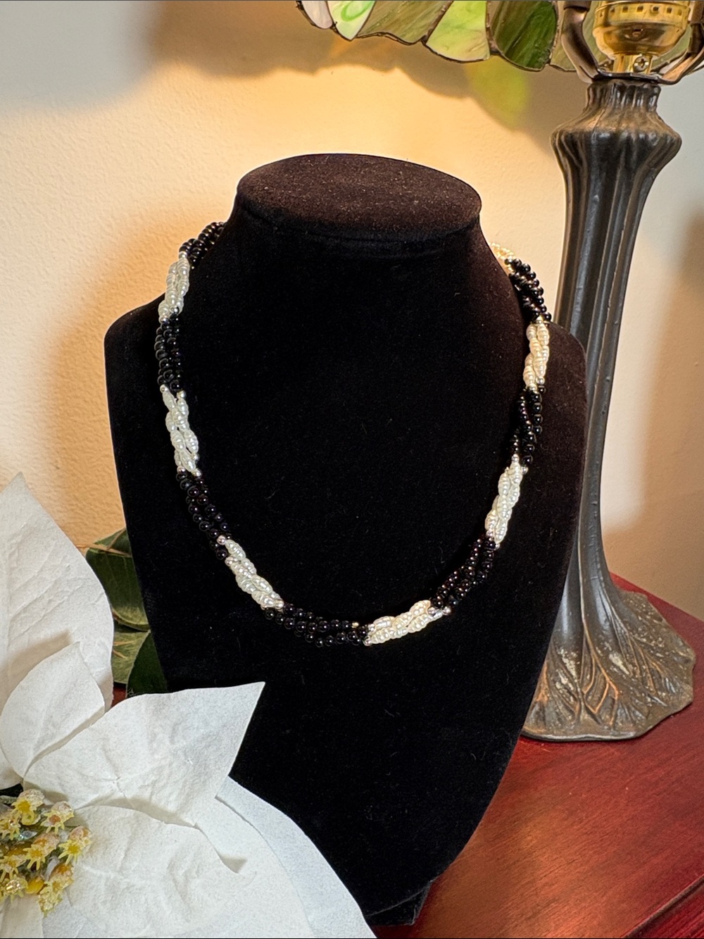 Classic Black and Cream Beaded Twist Necklace